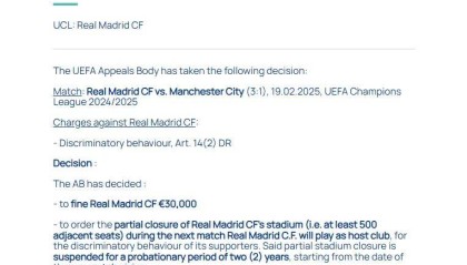 因欧冠战曼城时球迷有歧视性行为 皇马被欧足联开罚单